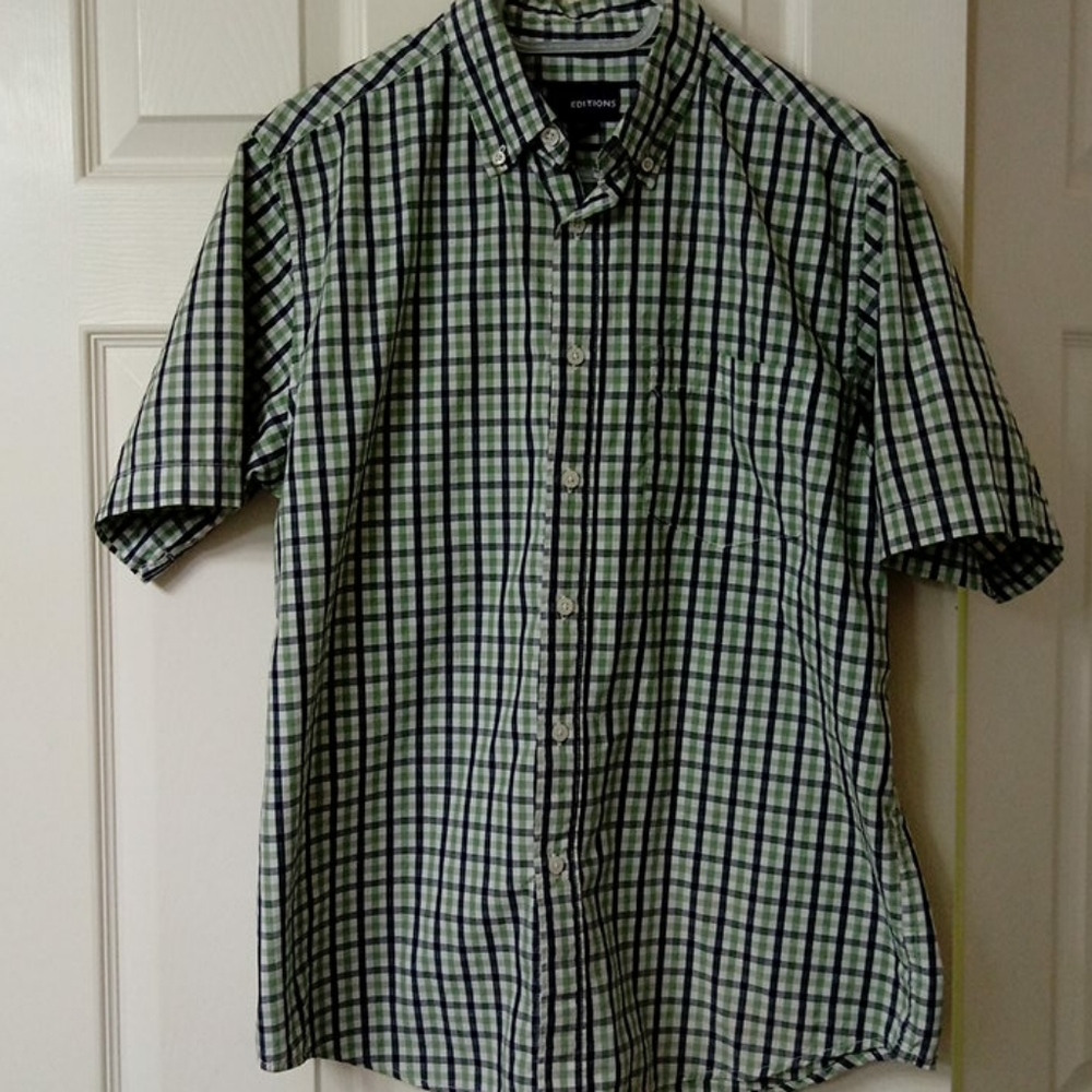 Green and navy plaid shirt